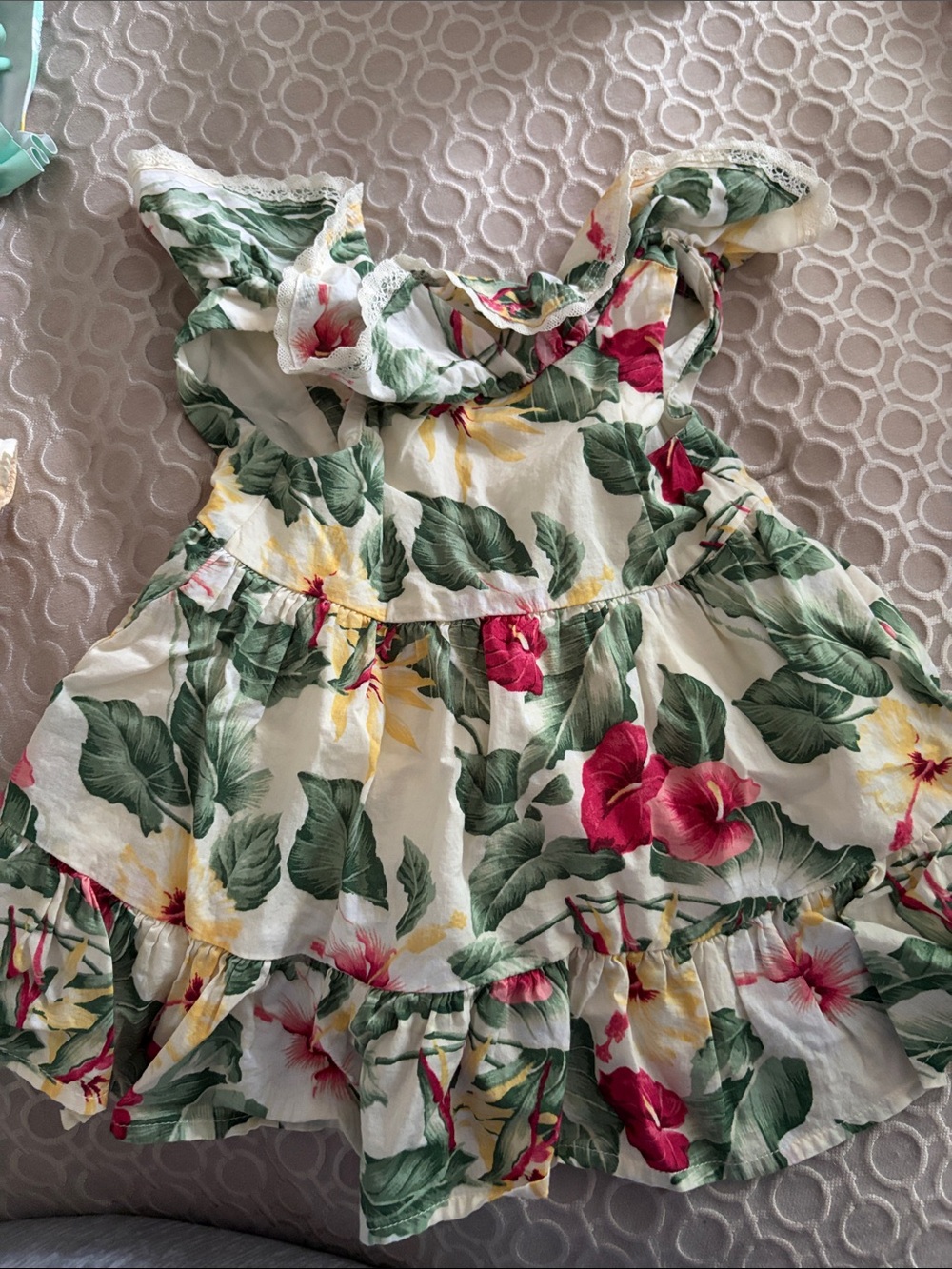 Girls Floral Ruffle Sundress - White with Green & Pink Floral Print